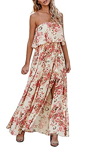Annebouti Summer Strapless Floral Long Dress Women Slit Boho Beach Maxi Sundress Pink Rose