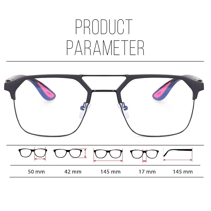 Image of Black Jones Half-Rim Aviator Eyeglasses Frame, Grey and Orange, Metal and Plastic, Double Bridge, Clear Lens