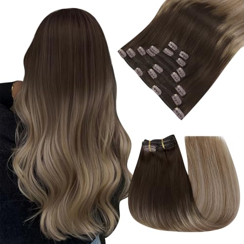 Easyouth Clip in Human Hair Extensions Balayage Real Hair Extensions Clip in Human Hair Dark Brown Fading to Chestnut Brown and Ash Blonde Clips on Hair Extension for Women 16 Inch 7Pcs 120G