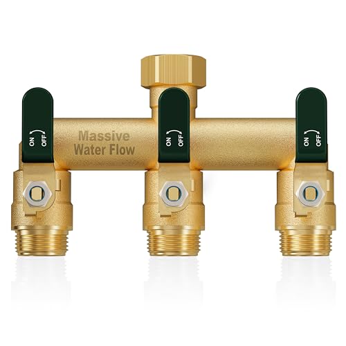 LNEZCDB 3 Way Hose Splitter, Heavy Duty Full Flow Garden Water Hose Bib Spigot Splitter, Brass Rust and Freeze Resistant Outdoor Faucet Splitter, T Adapter Connector with 3/4 - Inch GHT Thread (Green)
