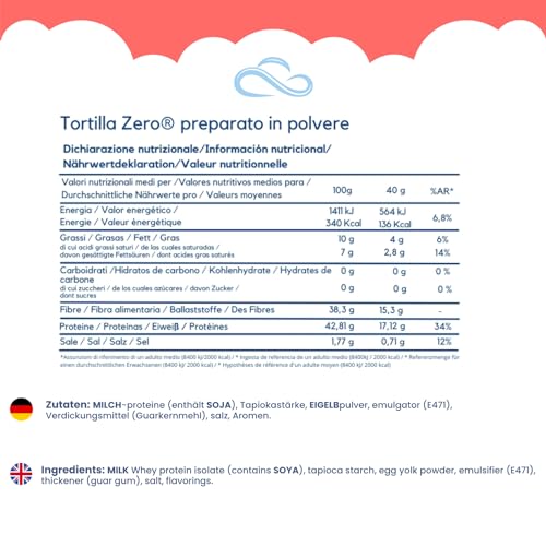 Nuvola Zero – Backmischung für Tortilla, 160 g x 4 Protein Tortillas, Kohlenhydratfrei, Glutenfrei, Laktosefrei, Zuckerfrei, Hefefrei, Hergestellt in Italien