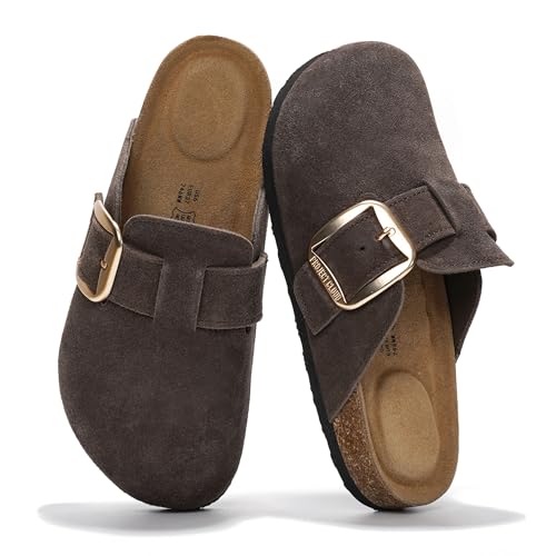 Image of Project Cloud 100% Genuine Leather Clogs for Women Shoes - Memory Foam Insole, Non-Slip & Natural Cork Footbed Arch Support Big Buckle Womens Clogs and Mules Footwear (Manchester)
