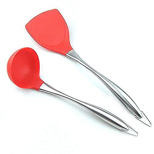Image of Kitchen Heat Resistant Silicone Spatula Set (Pack of 2) Multipurpose Solid and Ladle Spatulas - Nylon Utensils with Nonstick, 304(18 /10) Stainless Steel Durable Handle (Red)