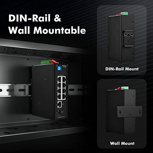 Image of MokerLink 10 Port Industrial Din Rail Switch, 8 Ports 100Mbps,1 Gigabit Ethernet and 1 SFP Uplink, DIN-Rail & Wall Mount