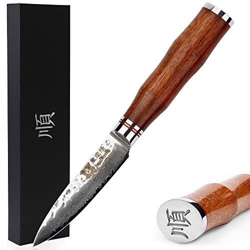 Sunlong Paring Knife 3.5 inch Peeling Knives Hammered Damascus Natural Bloodwood Handle