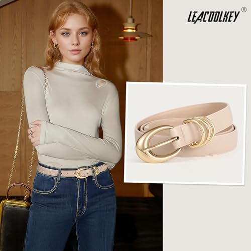 LEACOOLKEY Women's Leather Belt for Jeans Dress Pants Fashion Ladies Leather Belt with Gold Buckle — view 3