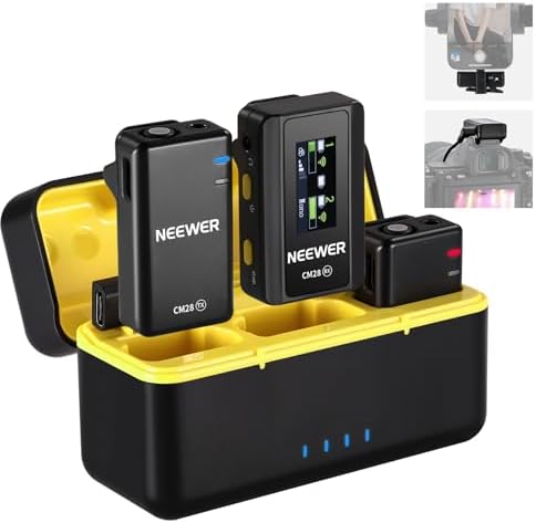 NEEWER CM28 Sistema Micrófono Lavalier Inalámbrico con Estuche Carga Cancelar Ruido 4GB Almacenamiento 9H Grabación 48KHz Audio 16 Bits Micrófono Solapa Compatible con iPhone iPad Android PC Cámara