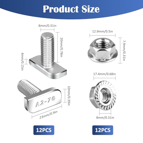 Hammerkopfschrauben M8 x 20 Edelstahl A2-70, 12 Stück Gewächshausschrauben mit Sperrzahnmuttern Flanschmuttern, T Hammerkopfschrauben für PV Solar Montageschienen, Gewächshaus und Photovoltaik