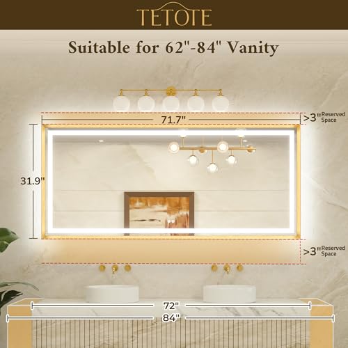 TETOTE 72 x 32 Large Bathroom Mirror Brushed Black Metal Frame Frontlit & Backlit Vanity Mirror 3 Colors White/Warm/Natural Stepless Dimmable Anti-Fog Bathroom Mirrors for Vanity Wall-Mounted