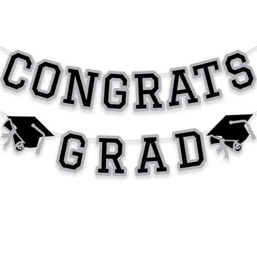 Image of Congrats Grad Banner Graduation Party Banner Decoration Hanging Garland High School College Backdrop Supplies Silver Grey
