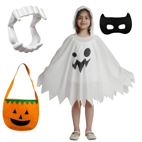 Image of Kaku Fancy Dresses Polyester Halloween White Robe /Cloak With Teeth, Mask & Basket Combo Fancy Dress Halloween Costume For Kids, 7-8 Years