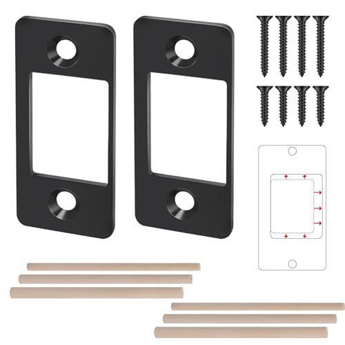 2 Pk Upgrade Large Hole Deadbolt Restorer Strike Plates Stainless Steel Round Corner Latch Strike Plate with Wood Dowel Strips Universal Backplate for Home Door Easy Repair MisalignmentMatte Black