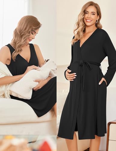 Ekouaer Maternity Nursing Gown and Robe Set Labor Delivery Nursing Nightgowns for Breastfeeding Pregnancy Clothes - Image 5