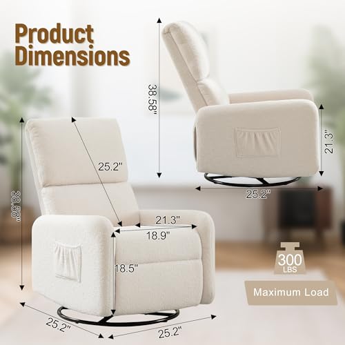 360° Swivel Glider Chair, Rocking Chair Nursery with Side Pockets, Deep Cushioned Seat, Nursery Chair with Steel Structure Base, Sherpa Swivel Chairs for Living Room, Bedroom, Baby Room - Image 3