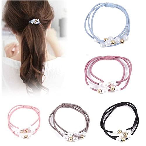 Mädchen Haargummis 20 Stück Perle Haarbänder Seile Haar Seile Stilvolle Elastische Haargummis Perle Design Haarringe Haarschmuck Einfaches Drei In Eins Haarseil Für Damen Mädchen Haarschmuck 5 Farben Cover