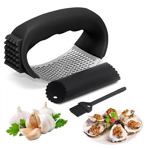 Garlic Press Rocker, Stainless Steel Garlic Crusher, Ginger Crusher with Silicone Peeler and Cleaning Brush, Easy to Use & Clean, Handheld Kitchen Garlic Mincer, Professional Kitchen Gadgets (Black)