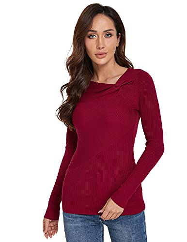 AmélieBoutik Women Asymmetric Twist Knot Neckline Ribbed Sweater2