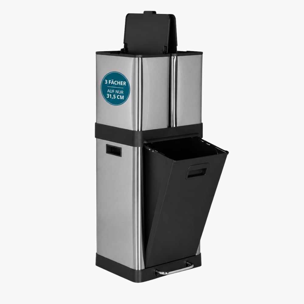 hjh OFFICE Mülleimer CLEAN 3 – Mülltrennsystem mit 3 Fächern, 2x 6L + 1x 20L, Soft-Close-Deckel, Edelstahl-Abfalleimer für Innenbereich, Silber