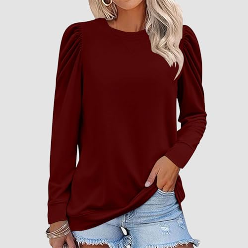 Camiseta básica feminina verão outono manga longa bufante gola redonda caimento solto camisetas femi