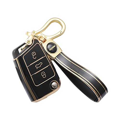 Image of Keyzone TPU car Key Cover and Keychain Compatible for Skoda Slavia, Kodiaq, Kushaq, Karoq, Octavia 3 Button flip Key (Gold Black with Gold Black KZ Keychain)