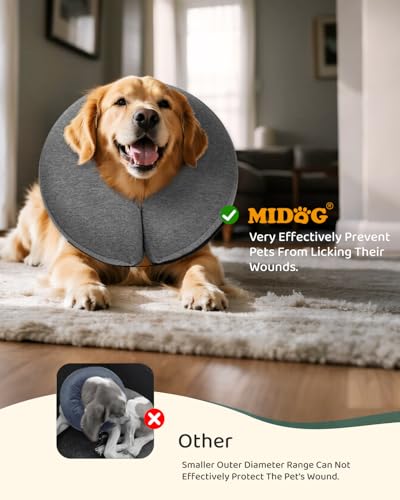 Image of MIDOG Inflatable Dog Cone, Soft Donut Recovery Collar Alternative After Surgery to Help Prevent Licking, Comfy E Collar with Neck Pillow Design, Grey, M+