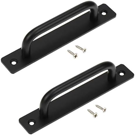Semetall Barn Door Handle 2 Pack 128mm (5") Hole Center Aluminum Alloy Punch-Free Sliding Handle,Closet Door Handles Pulls with Plate for Cupboard Cabinet Wardrobe Drawer (Black)