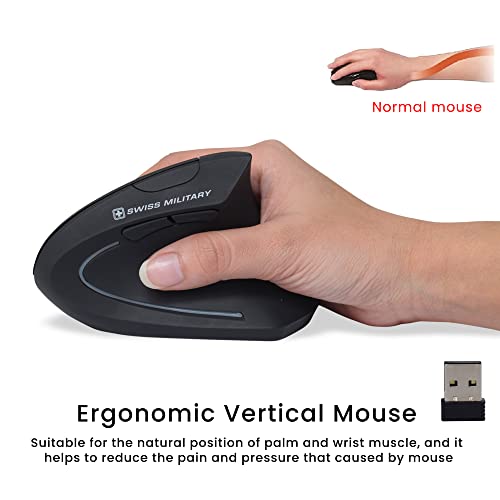 Image of Swiss Military Wireless Gaming Mouse, Ergonomic Mouse for Gaming with LED Light, Vertical Mouse| Adjustable DPI Range 800-1600, 10m Operating Range, Supports Wrist & Hand Posture, Black, 1
