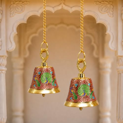 Image of CraftVatika Brass Wall Hanging Bell Ghanti Set of 2 for Pooja Decoration Mandir Home Temple, Pooja Decorative Items, Ghanti Bell with Deep Sound, Puja Bell with Chain and Hook (20 Inch Height)