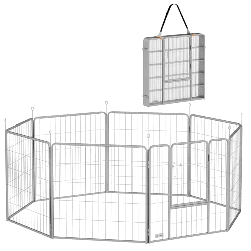 PawHut Recinto per Cani a 8 Pannelli Modulabili con Cinturino, Box per Cani Taglia Piccola e Media Pieghevole con Porta in Acciaio, Altezza 80 cm, Argento