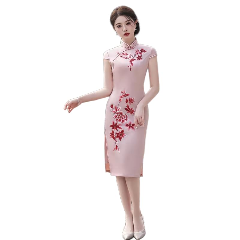 Cheongsam De Manga Corta para Mujer - Vestido De Novia De Fiesta con Abertura Lateral Y Corte Entallado Estilo Chino Mejorado hasta La Rodilla con Bordado De Encaje para Primavera Y Verano