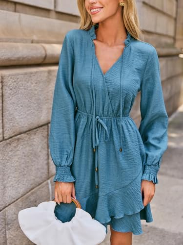 CUPSHE Women's Ruffle Mini Fall Dress Smocked V Neck Tie Waist Long Lantern Sleeve Flounce Hem Casual Autumn Dresses4