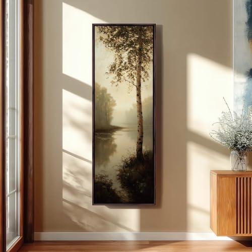 Toile verticale représentant un bouleau : sérénité sépia pour petit mur