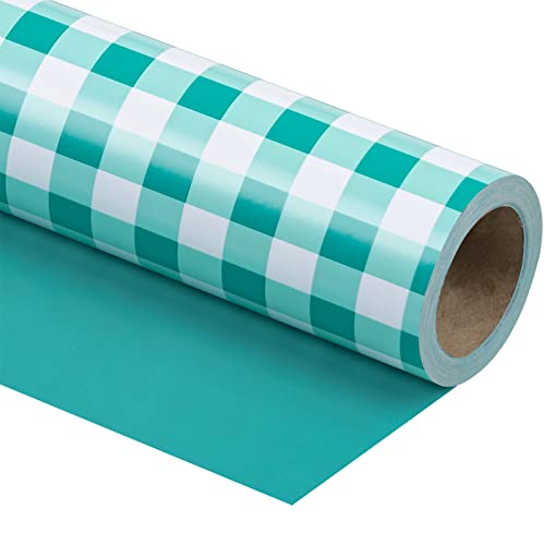 WRAPAHOLIC Reversible Wrapping Paper - Mini Roll - 17 Inch X 33 Feet - Teal and White Plaid Design for Birthday Holiday Wedding Baby Shower
