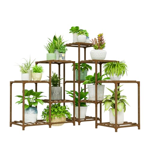 Bamworld Étagère d'angle pour plantes d'intérieur ou d'extérieur à 5 niveaux - 11 étagères en pot - Support pour plantes en bois de jardin - Support pour plantes en coin de pelouse et fenêtre