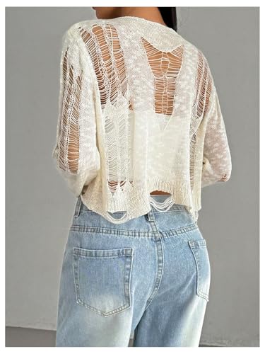 SHENHE Women's See Through Ripped Sweater Gothic Grunge Y2k Crew Neck Crop Sweater Pullover2