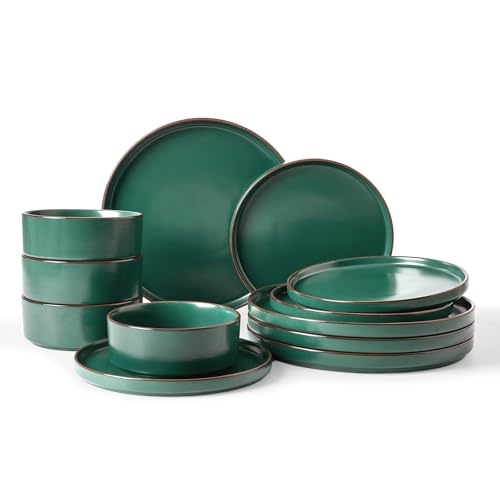 Image of Famiware Nebula Ridge Stoneware Dinnerware Sets, Plates and Bowls Sets for 4, 12 Pieces Dishes Set, Microwave and Dishwasher Safe Kitchen Plates, Dark Green