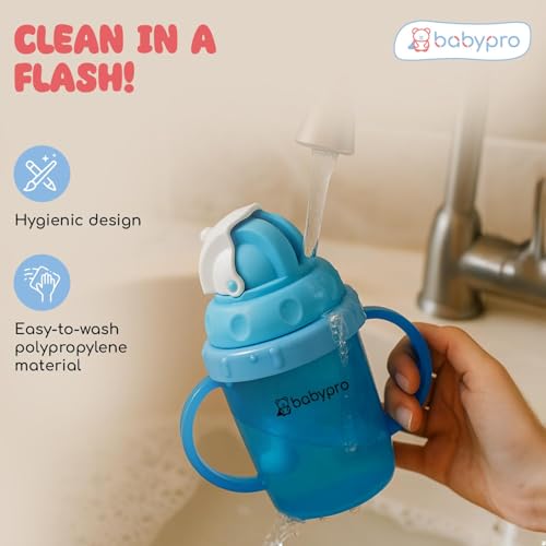 Image of BabyPro Baby Sipper Mug with Straw, 180 ml, Blue, for Babies 1+ Years | Toddler Drinking Bottle, Spill Proof, BPA Free, Easy Grip, Soft Spout, Leak Proof