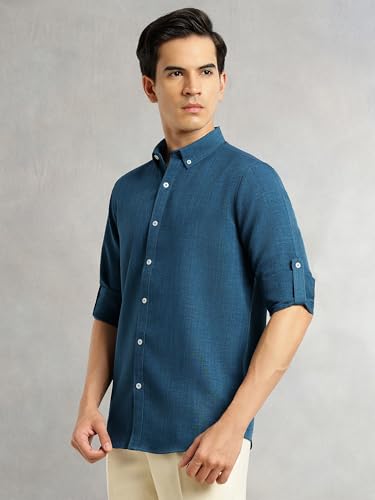 Image of Thomas Scott Men's | Solid | Textured Fabric | Full Sleeve | Slim Fit | Polyester-Blend | Spread Collar | Casual Shirt