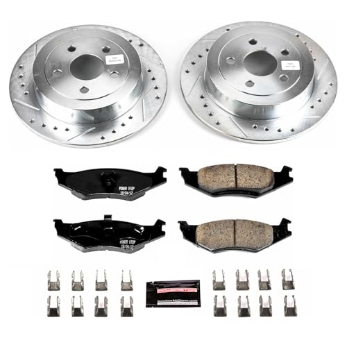 Image of PowerStop Rear Brake Kit for Chrysler PT Cruiser 2001-07 |Dodge Neon 1995-05 |Stratus 1995-06 - Drilled and Slotted Disc Rotors with Carbon-Fiber Ceramic Brake Pads Replacement, K1687