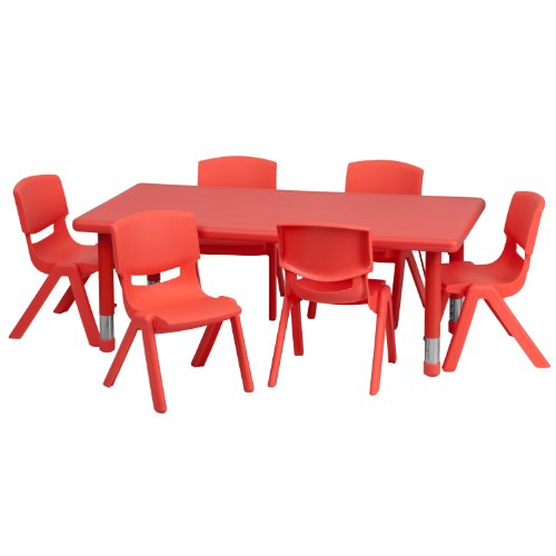 Flash Furniture 24''W X 48''L Rectangular Red Plastic Height Adjustable Activity Table Set With 6 Chairs #TOP1