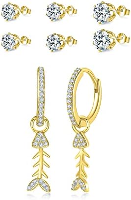 Juicfru Women huggie Hoop Earrings Sets Gold 3 Pairs Small Earrings Silver Sleepers Earrings with Zirconia Jewellery Gift for Women and Girl