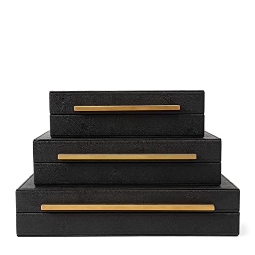 Sagadale Set Of 3Pcs Immitation Black Faux Shagreen Leather Jewelry Boxes, Decorative Boxes,Storage Boxes With Brushed Matt Gold Stainless Steel Handles(Black) #TOP1