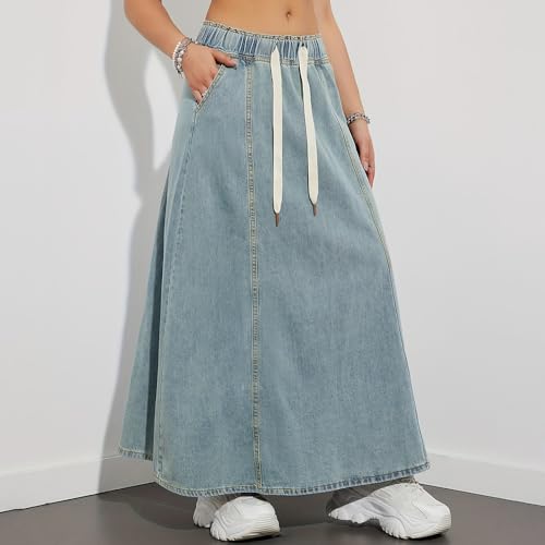 Women's Plus Size Vintage Washed Denim Maxi Skirt High Waist Elastic Drawstring Loose Flared for Summer Trendy3