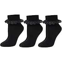 reshmena® 3 Frilly Lace Girls Ankle socks Girls Frill School Socks with Lace, Girl Back to school socks Girl's Party Wear Uniform Comfort Socks frill lace 12-3 Black