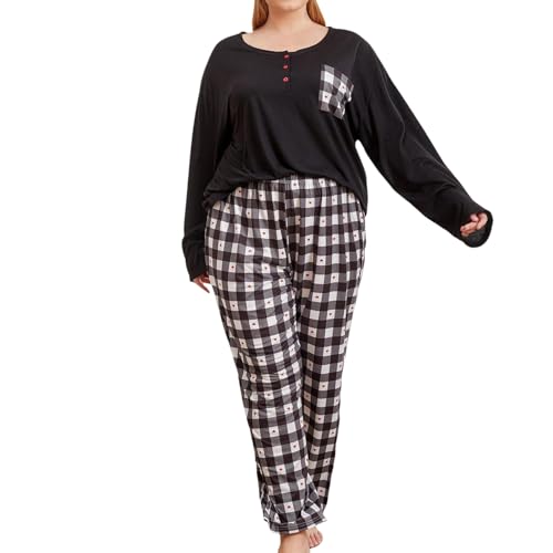 Conjunto de pijama para mujer, talla grande, cómodo pijama suave para el hogar, conjunto de pijamas de manga larga de moda, Negro , 4XL
