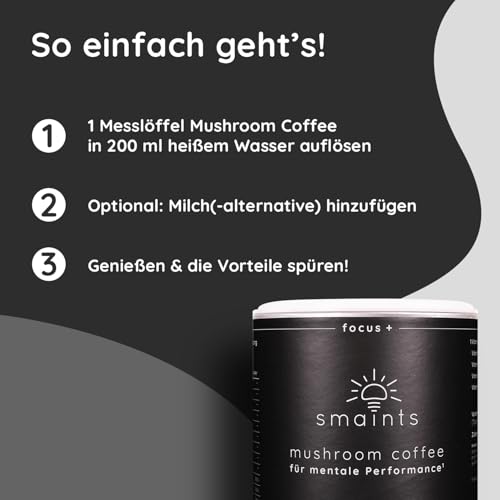 smaints Mushroom Coffee | Koffeinfreier Mushroom Coffee mit Lions Mane (Hericium) & Cordyceps | Adaptogene Vitalpilze | Swiss Water Verfahren | Ohne Koffein & ohne Zucker | Instant Mushroom Coffee