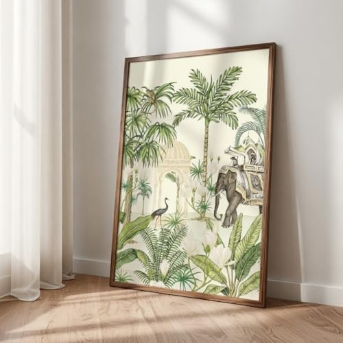Image of Livin'luxe Tropical Elephant Palace Wall Art with Wooden Frame | Vintage Botanical Jungle HD UV Laminated Print on MDF | Elegant Nature Decor for Living Room Bedroom Office 13.5 x 19.5 Inch