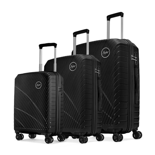 Skybags Streax Set of 3 (S+M+L) Hard Case Trolley Bags, Black | Stylish Sculpted Ridges, Durable Polyproylene Case,8-Wheels, Combination Lock,Spacious