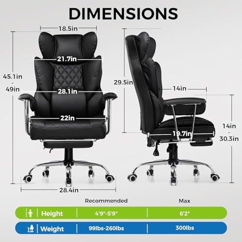 Image of GTPLAYER Big and Tall Office Chair, High Back PU Leather Gaming Chair with Footrest, Executive Ergonomic Office Chair with Pocket Spring Lumbar Support and with Outward Fixed Soft Armrests (Black)