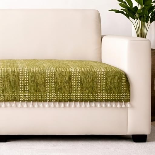 Image of STITCHNEST 'Artisoul Series' Chenille Sofa Cover 3 Seater with 2 Hand Rest Covers | Premium Heavy Fabric, Washable & Fade Resistant | Green Sofa Protector with Tassels | Size 70x30 Inch